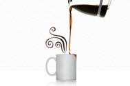 coffee being poured from a coffee pot into a white mug with vector steam